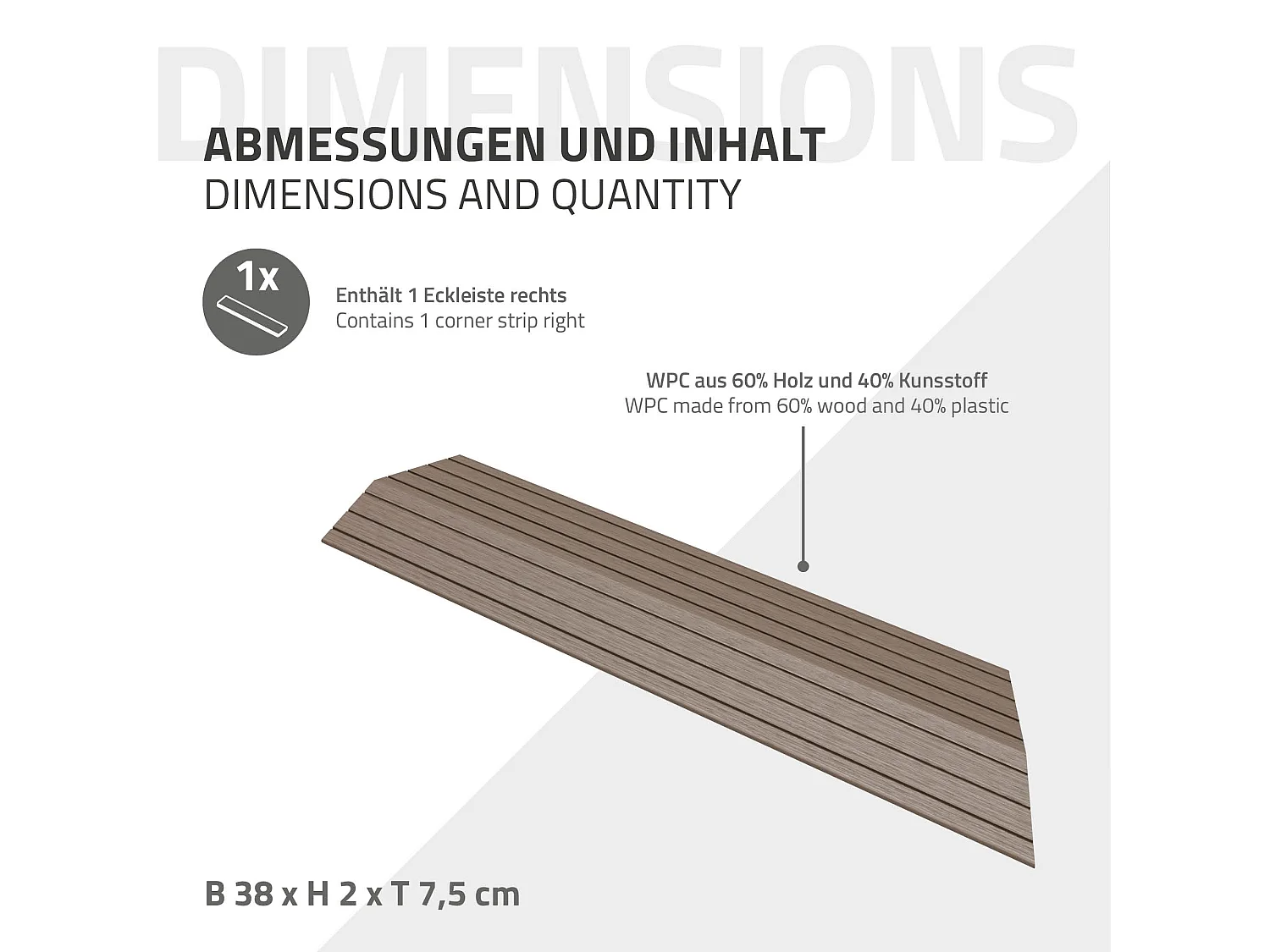 Bordure de finition coin droit 38x2x7,5cm brun foncé Plinthe d'angle striée aspect de bois drainage et structure de support système d'encliquetage
