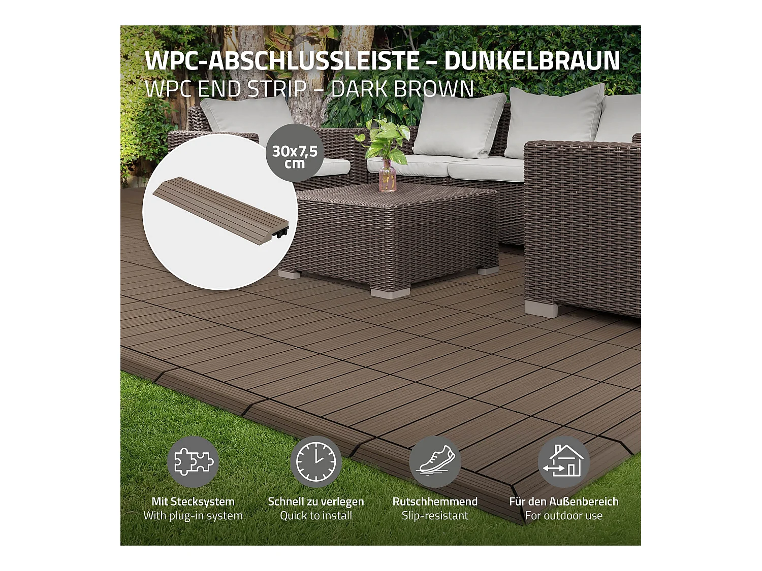 Bordure de finition angle droit 38x2x7,5cm brun foncé Plinthe d'angle striée aspect de bois drainage et structure de support système d'encliquetage