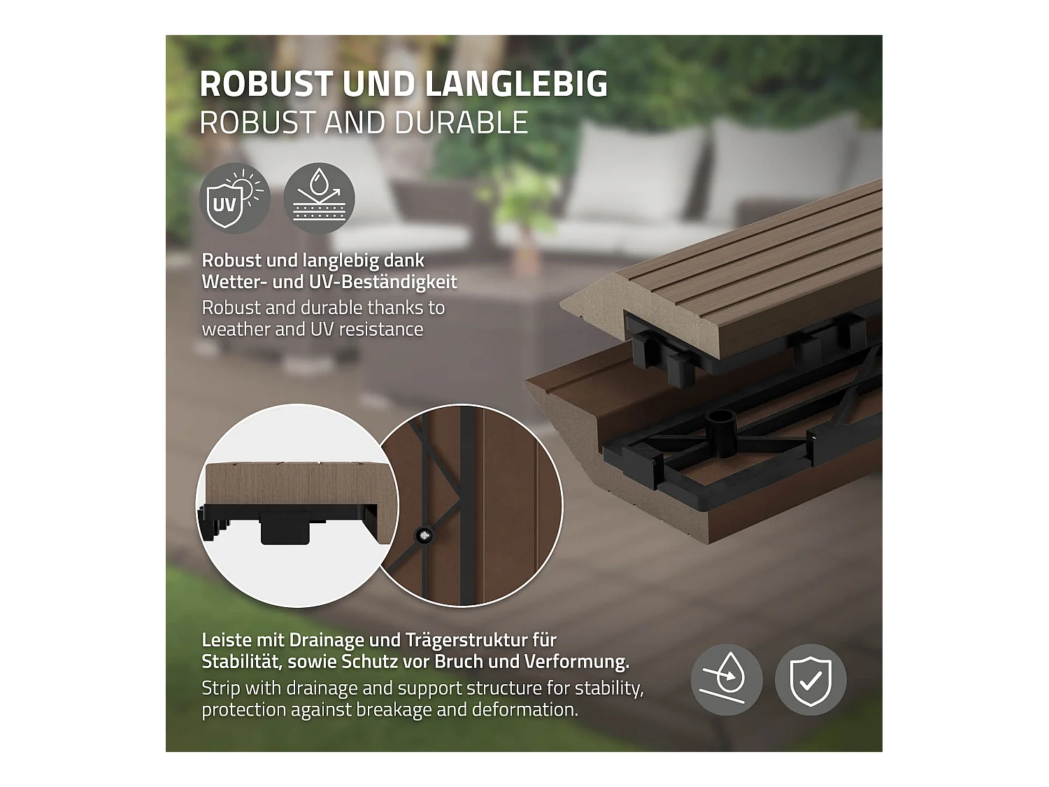 Bordure de finition angle droit 38x2x7,5cm brun foncé Plinthe d'angle striée aspect de bois drainage et structure de support système d'encliquetage