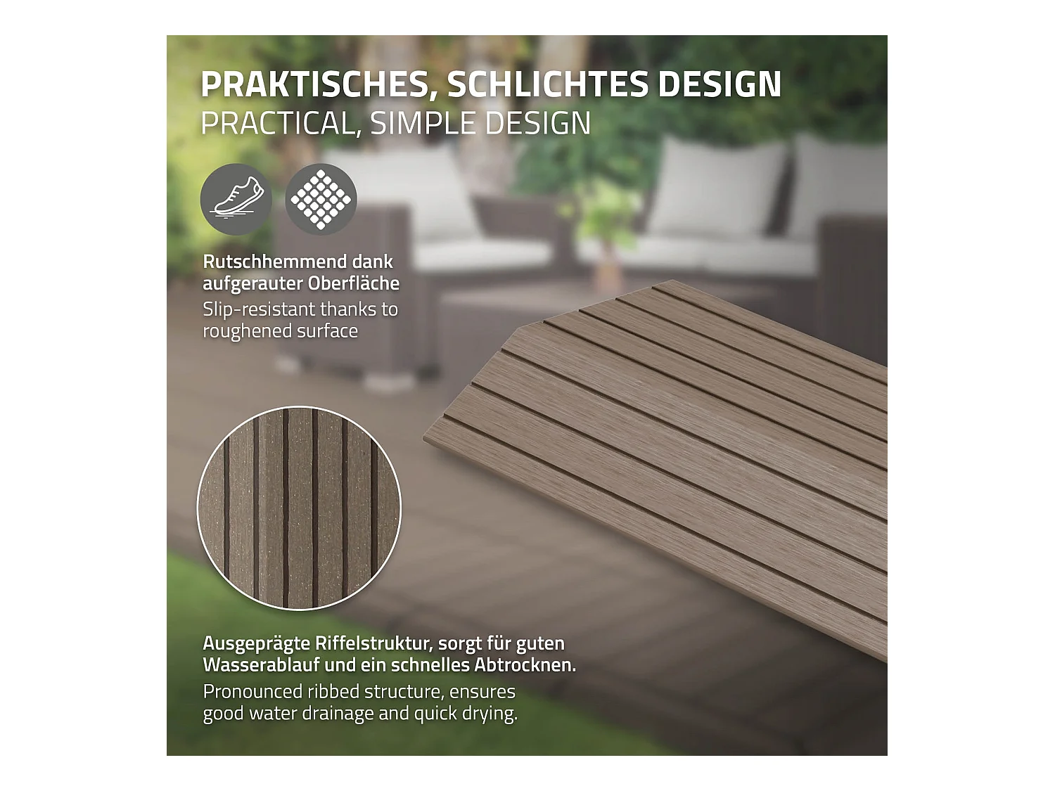 Bordure de finition angle droit 38x2x7,5cm brun foncé Plinthe d'angle striée aspect de bois drainage et structure de support système d'encliquetage