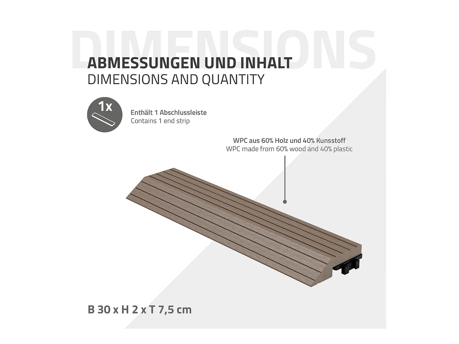 Bordure de finition angle droit 38x2x7,5cm brun foncé Plinthe d'angle striée aspect de bois drainage et structure de support système d'encliquetage