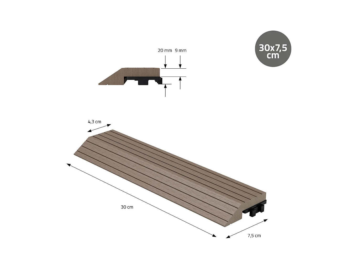 Bordure de finition angle droit 38x2x7,5cm brun foncé Plinthe d'angle striée aspect de bois drainage et structure de support système d'encliquetage