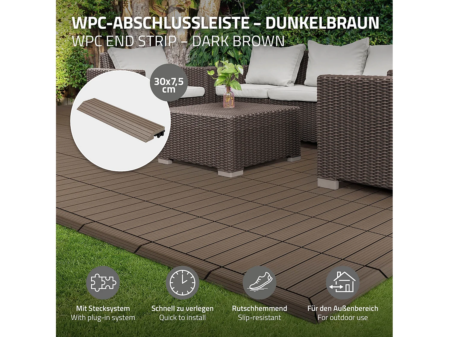 ML-Design Perfil recto de wpc marrón oscuro 38x2x7,5 cm borde de remate para baldosas con sistema de clic aspecto madera para terraza, piscina o patio