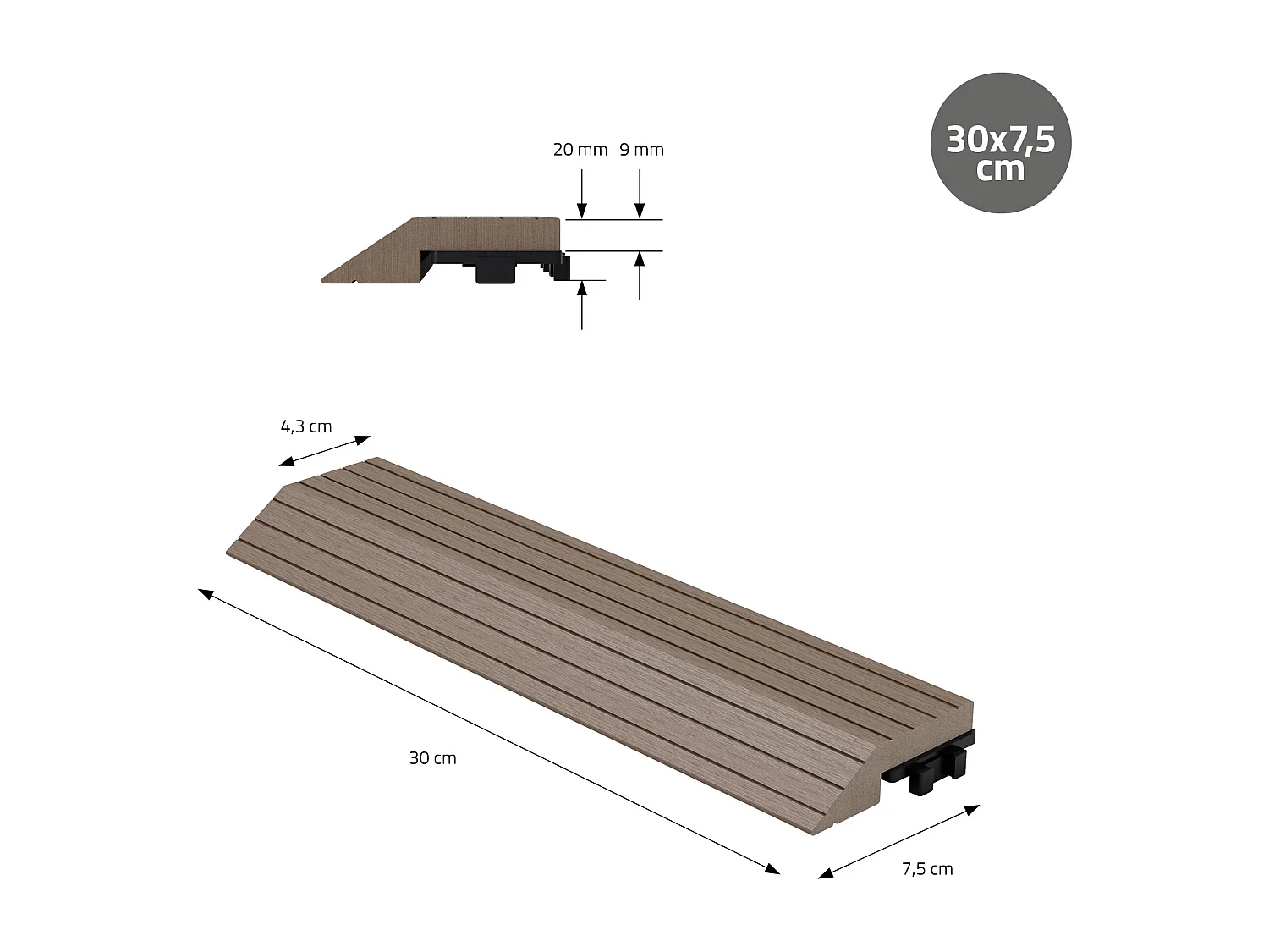ML-Design Perfil recto de wpc marrón oscuro 38x2x7,5 cm borde de remate para baldosas con sistema de clic aspecto madera para terraza, piscina o patio