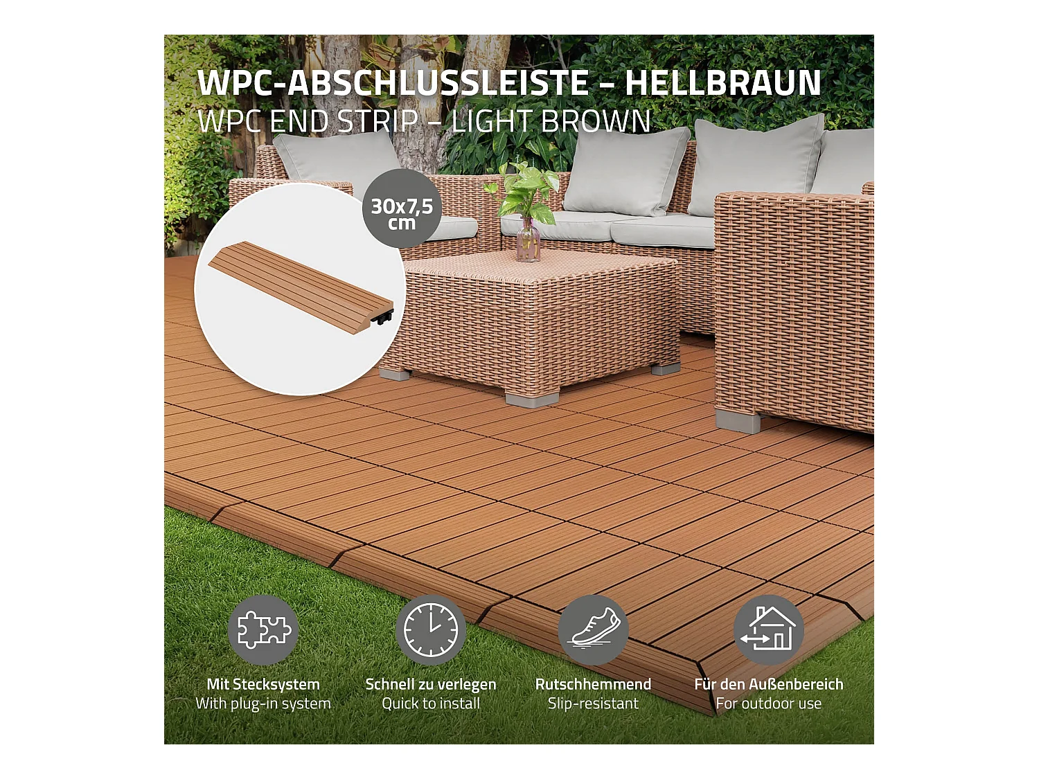 Bordure de finition angle droit 38x2x7,5cm Brun clair Plinthe d'angle striée aspect de bois drainage et structure de support système d'encliquetage