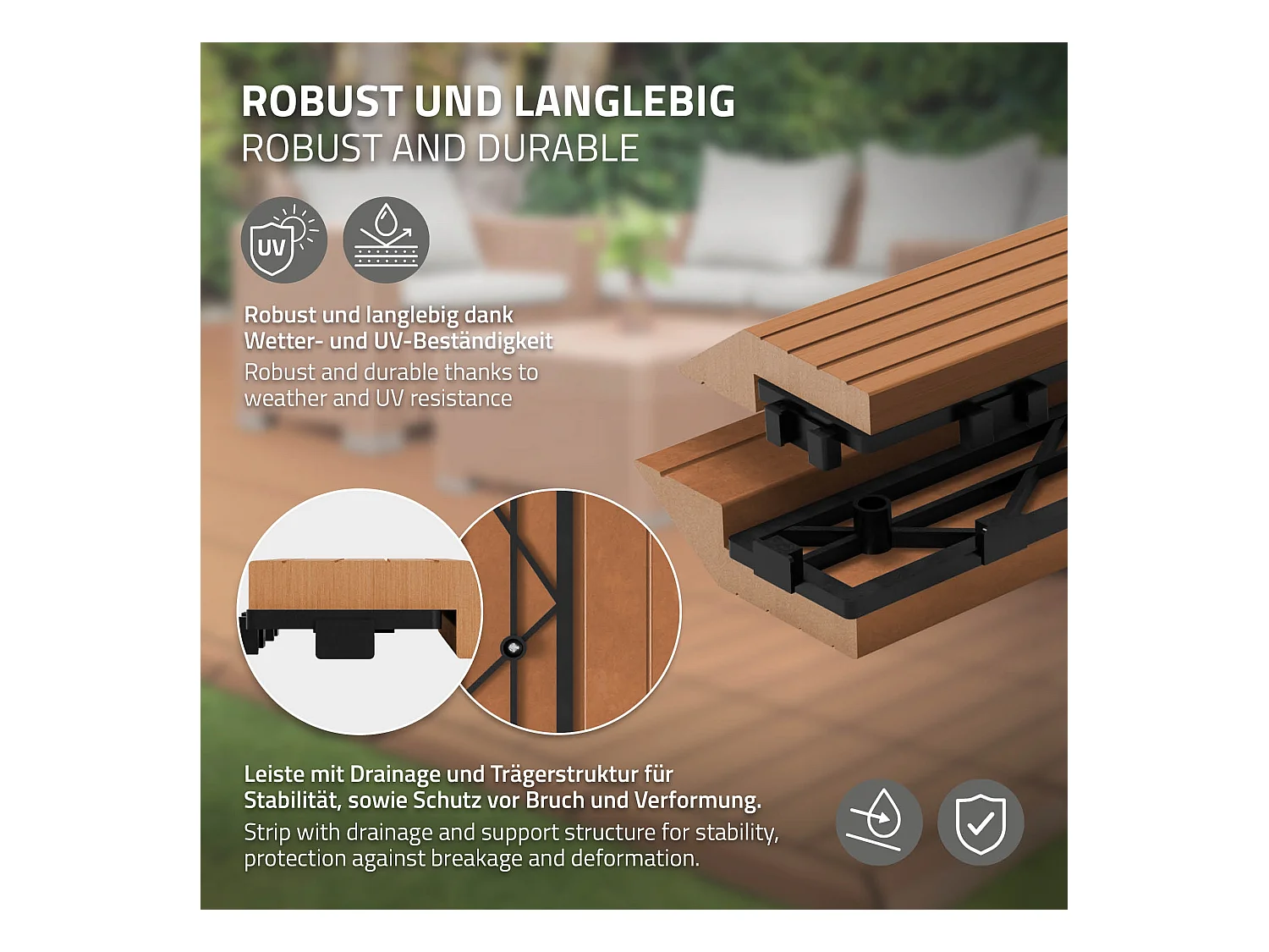 Bordure de finition angle droit 38x2x7,5cm Brun clair Plinthe d'angle striée aspect de bois drainage et structure de support système d'encliquetage