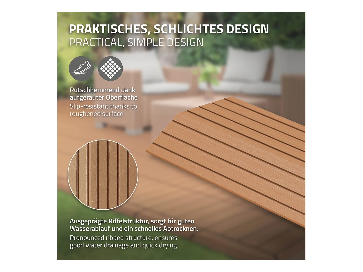 Bordure de finition angle droit 38x2x7,5cm Brun clair Plinthe d'angle striée aspect de bois drainage et structure de support système d'encliquetage