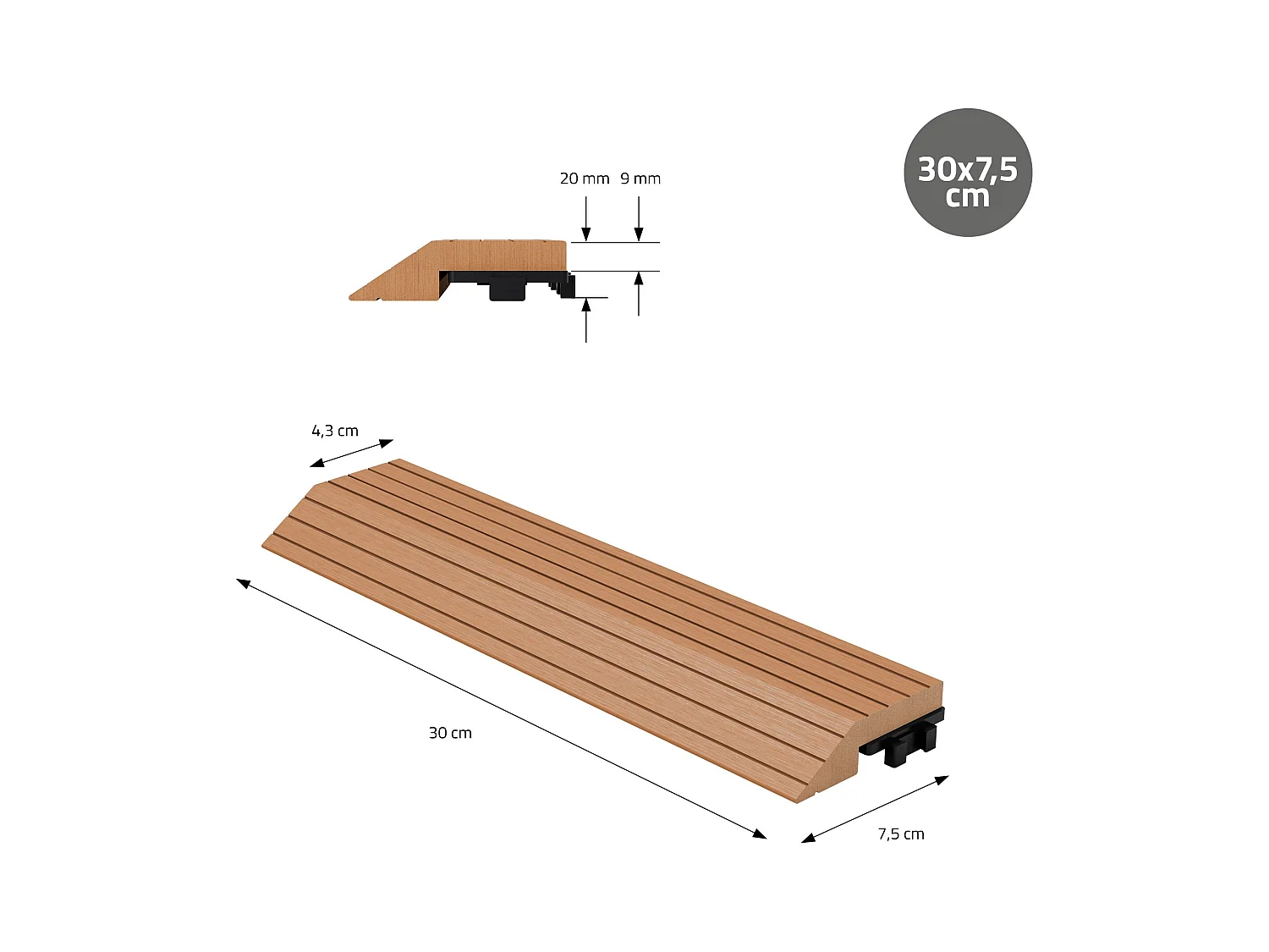 Bordure de finition angle droit 38x2x7,5cm Brun clair Plinthe d'angle striée aspect de bois drainage et structure de support système d'encliquetage