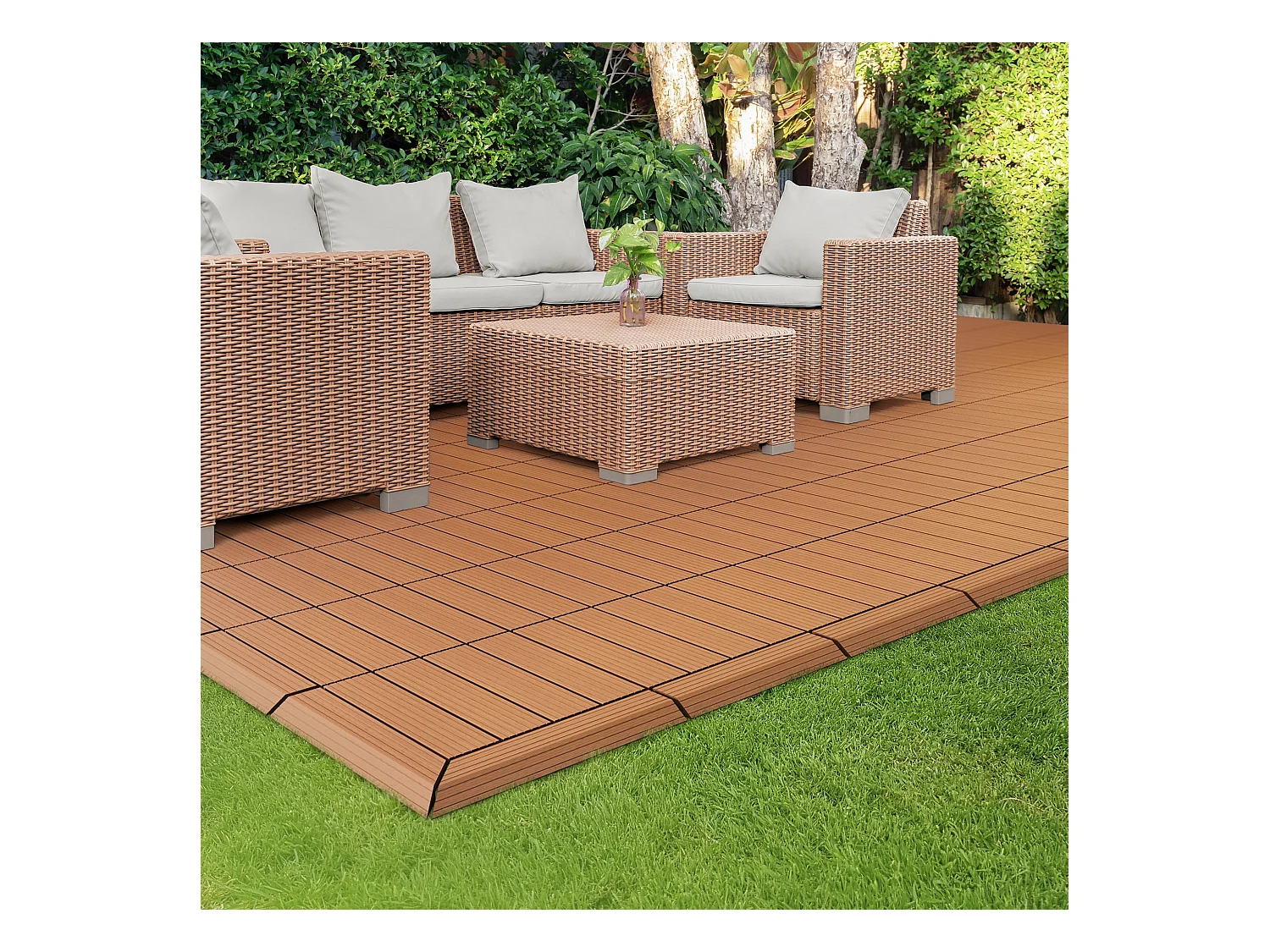 Bordure de finition angle droit 38x2x7,5cm Brun clair Plinthe d'angle striée aspect de bois drainage et structure de support système d'encliquetage