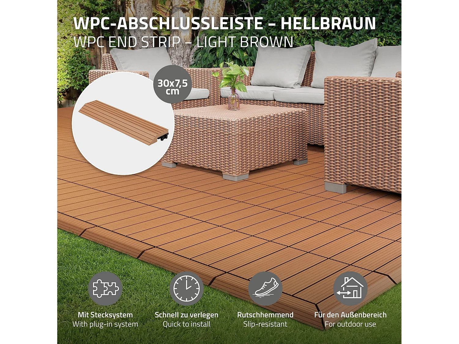 Bordure de finition angle droit 38x2x7,5cm Brun clair Plinthe d'angle striée aspect de bois drainage et structure de support système d'encliquetage