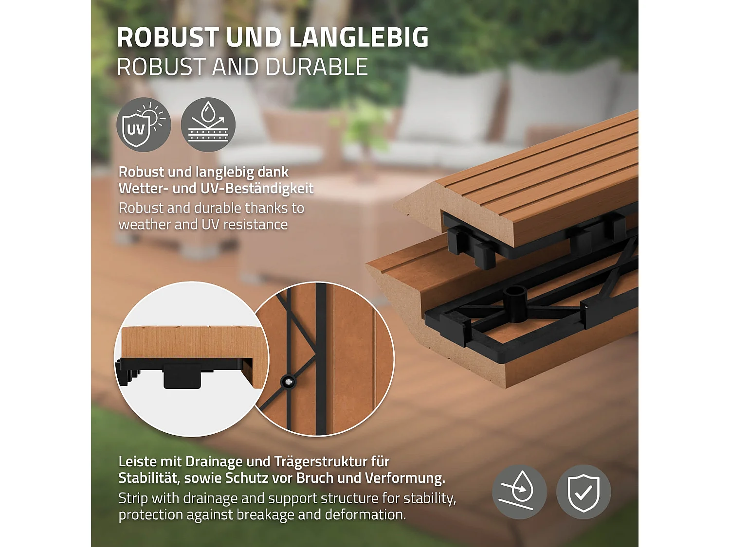 Bordure de finition angle droit 38x2x7,5cm Brun clair Plinthe d'angle striée aspect de bois drainage et structure de support système d'encliquetage