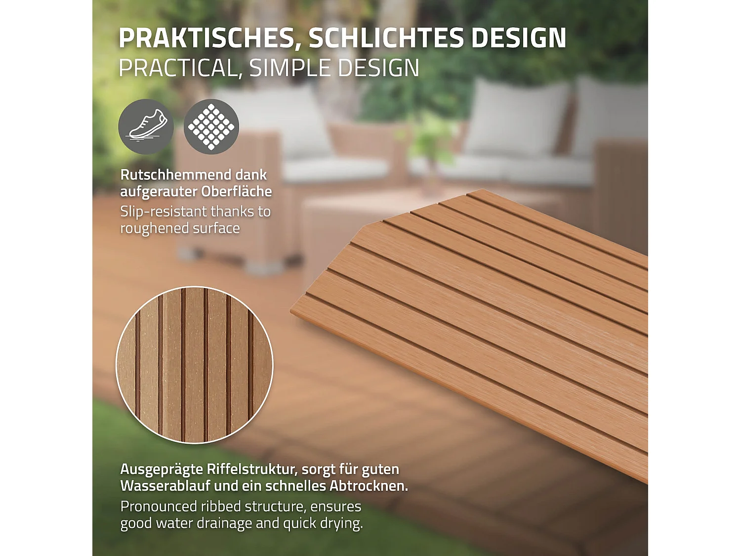 Bordure de finition angle droit 38x2x7,5cm Brun clair Plinthe d'angle striée aspect de bois drainage et structure de support système d'encliquetage