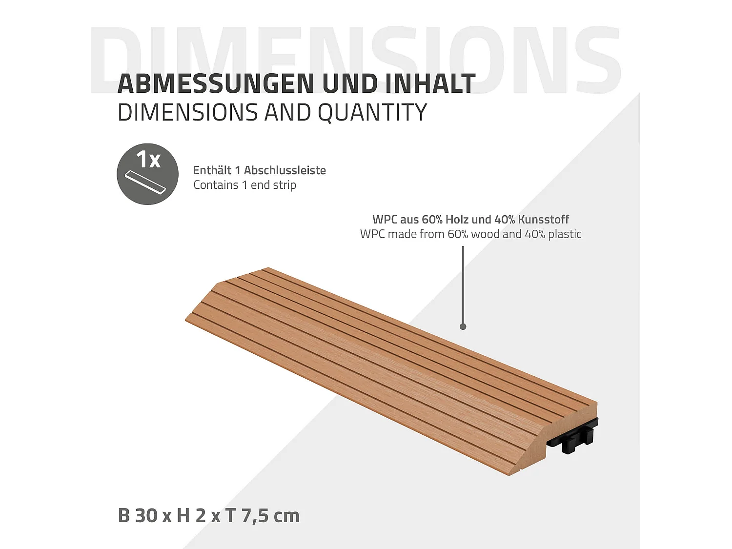 Bordure de finition angle droit 38x2x7,5cm Brun clair Plinthe d'angle striée aspect de bois drainage et structure de support système d'encliquetage