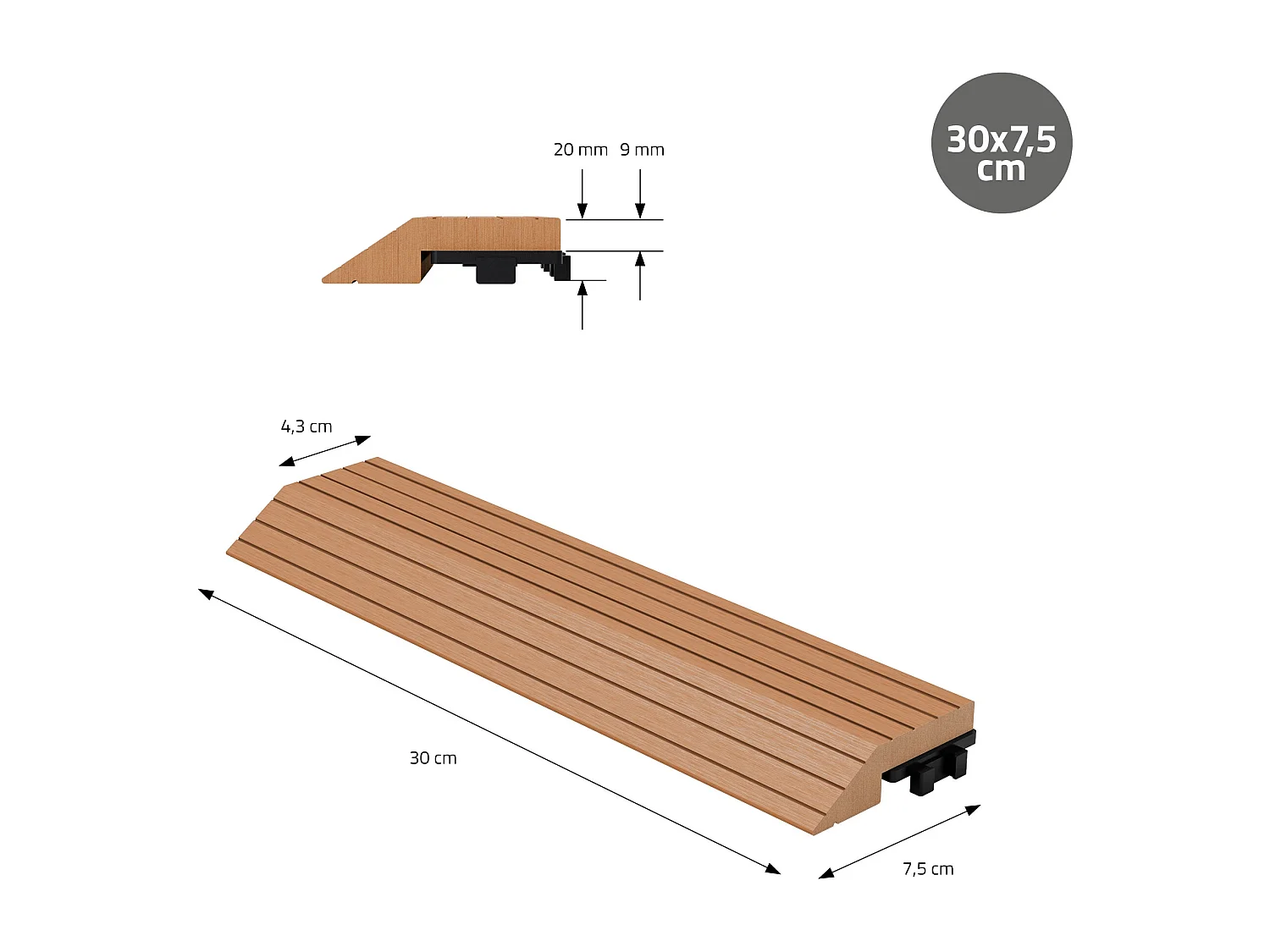 Bordure de finition angle droit 38x2x7,5cm Brun clair Plinthe d'angle striée aspect de bois drainage et structure de support système d'encliquetage