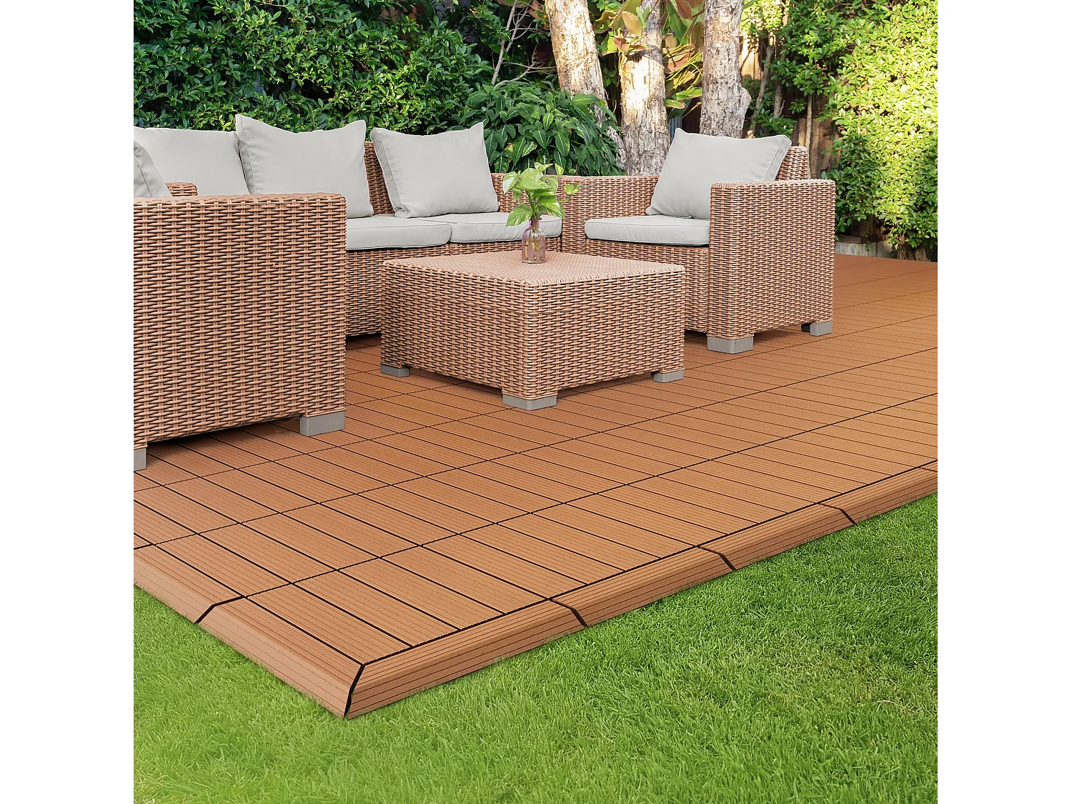 Bordure de finition angle droit 38x2x7,5cm Brun clair Plinthe d'angle striée aspect de bois drainage et structure de support système d'encliquetage