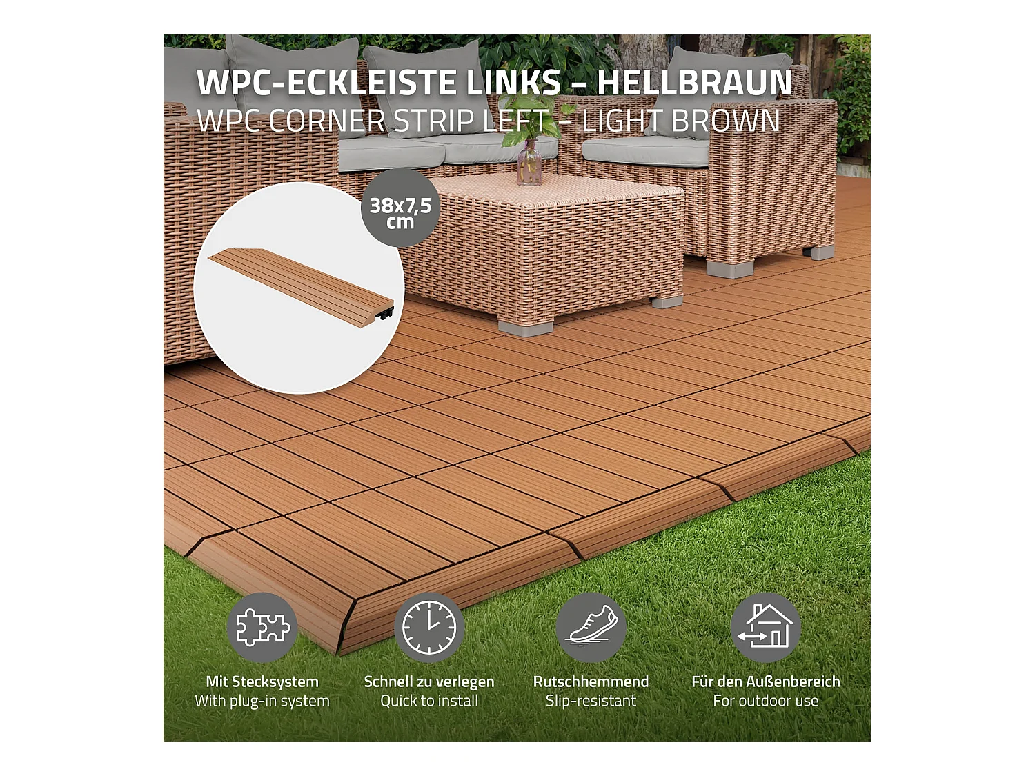 Bordure de finition coin gauche 38x2x7,5cm Brun clair Plinthe d'angle striée aspect de bois drainage et structure de support système d'encliquetage