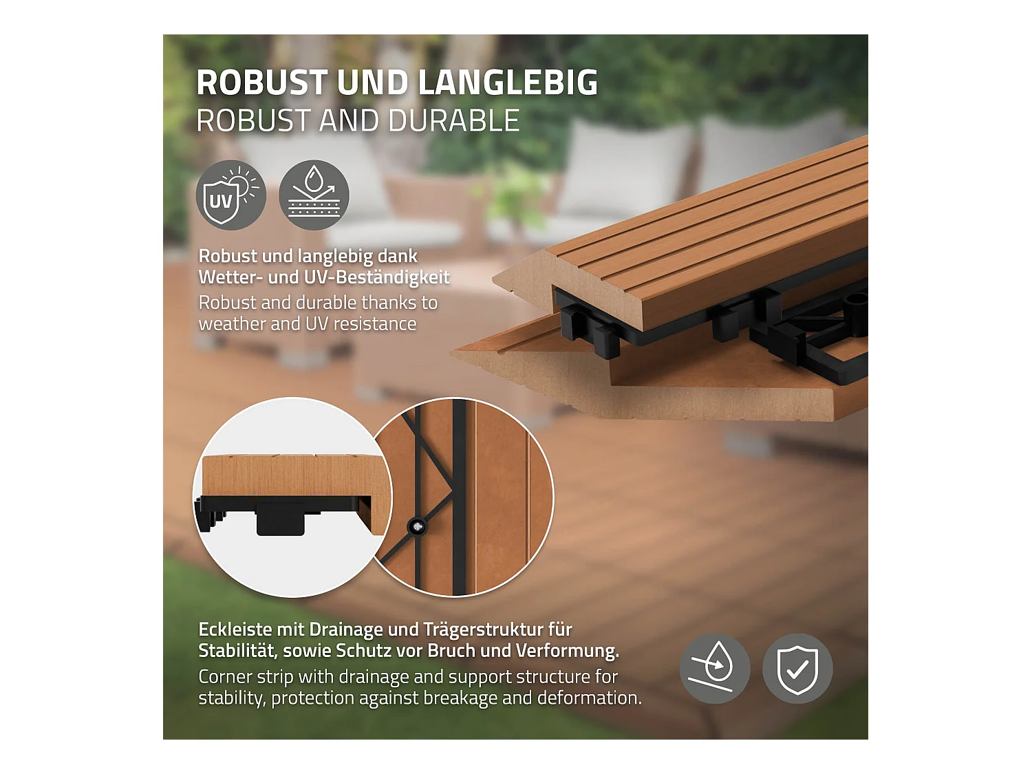 Bordure de finition coin gauche 38x2x7,5cm Brun clair Plinthe d'angle striée aspect de bois drainage et structure de support système d'encliquetage