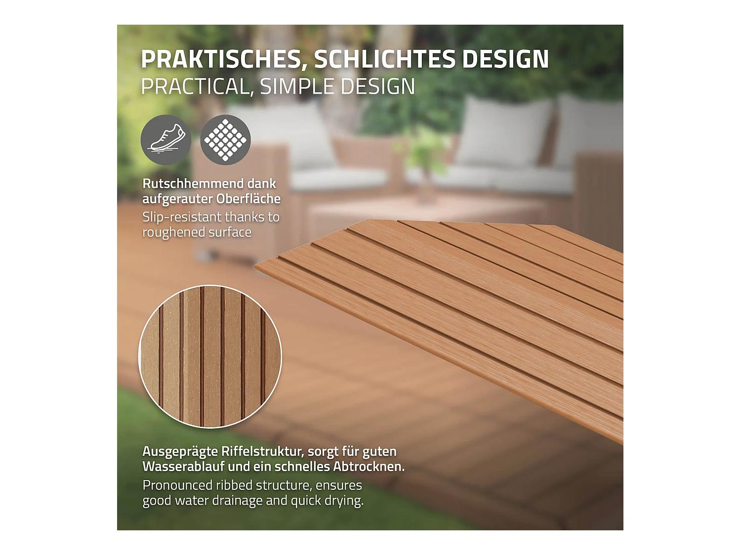 Bordure de finition coin gauche 38x2x7,5cm Brun clair Plinthe d'angle striée aspect de bois drainage et structure de support système d'encliquetage