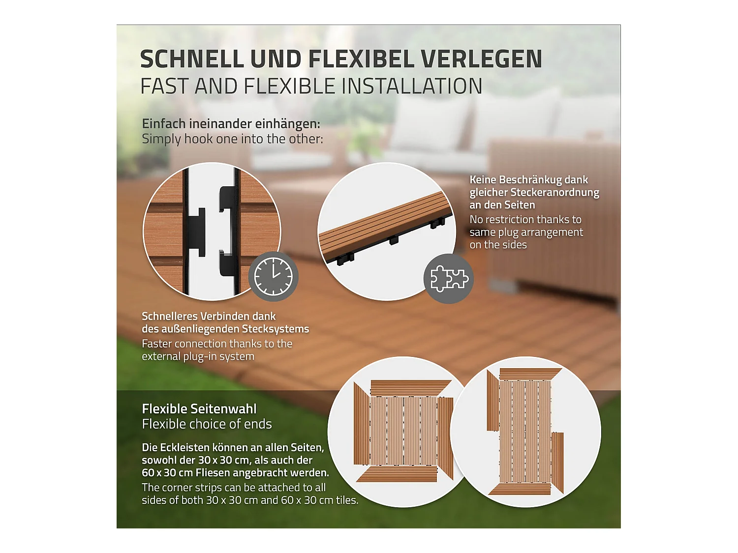 Bordure de finition coin gauche 38x2x7,5cm Brun clair Plinthe d'angle striée aspect de bois drainage et structure de support système d'encliquetage