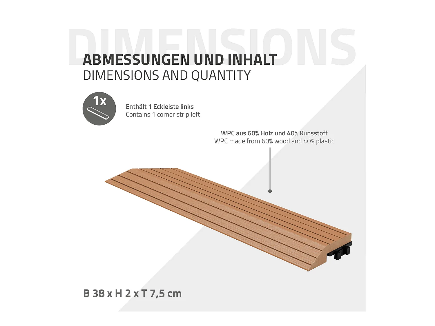Bordure de finition coin gauche 38x2x7,5cm Brun clair Plinthe d'angle striée aspect de bois drainage et structure de support système d'encliquetage