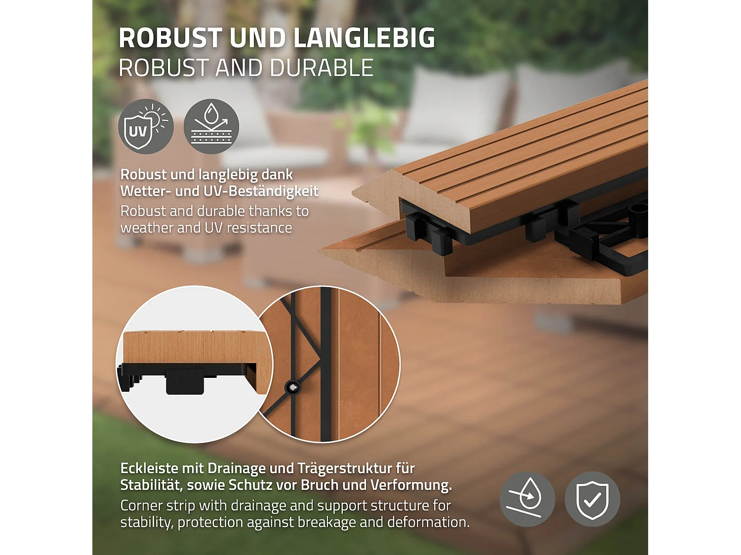 Bordure de finition coin gauche 38x2x7,5cm Brun clair Plinthe d'angle striée aspect de bois drainage et structure de support système d'encliquetage