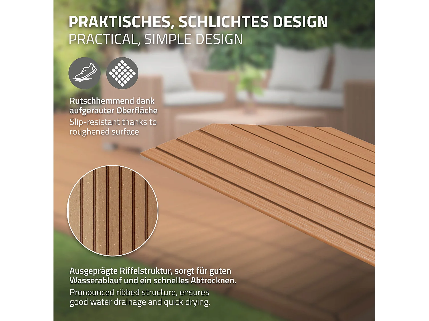 Bordure de finition coin gauche 38x2x7,5cm Brun clair Plinthe d'angle striée aspect de bois drainage et structure de support système d'encliquetage