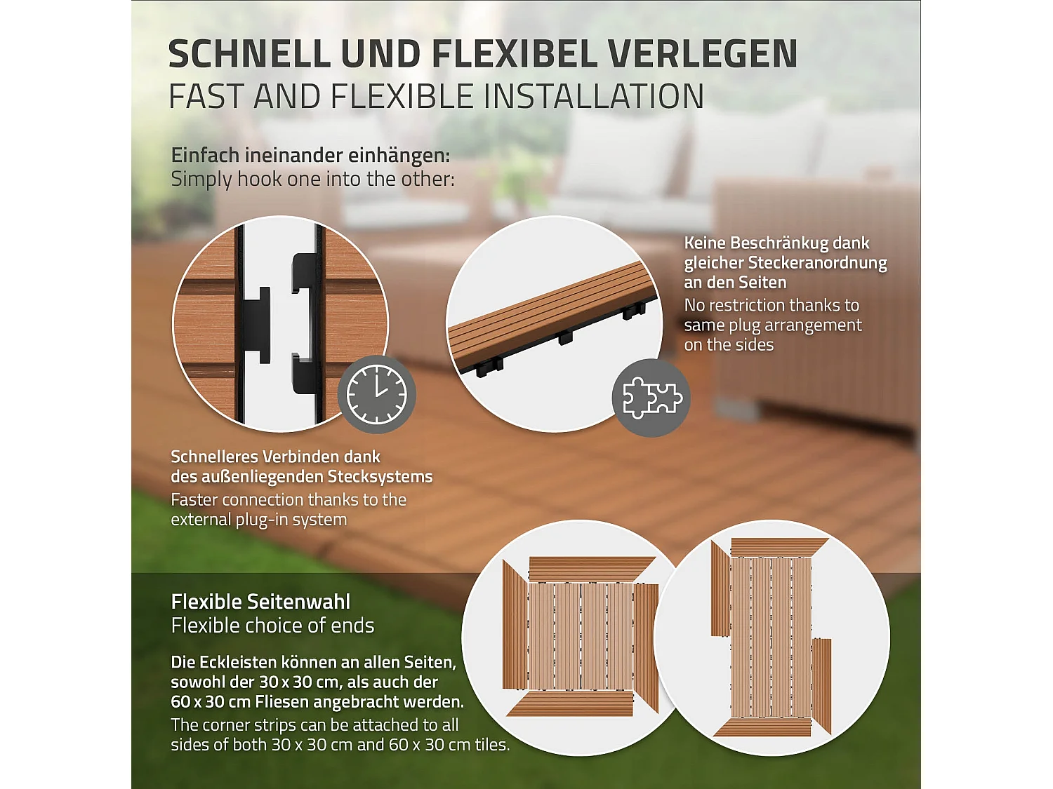 Bordure de finition coin gauche 38x2x7,5cm Brun clair Plinthe d'angle striée aspect de bois drainage et structure de support système d'encliquetage