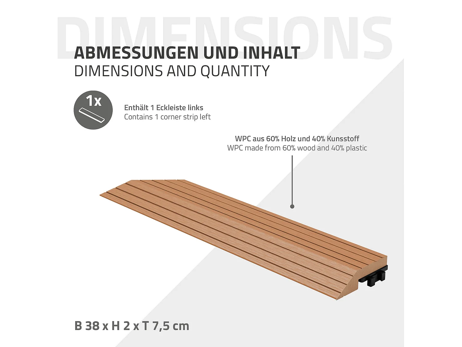 Bordure de finition coin gauche 38x2x7,5cm Brun clair Plinthe d'angle striée aspect de bois drainage et structure de support système d'encliquetage