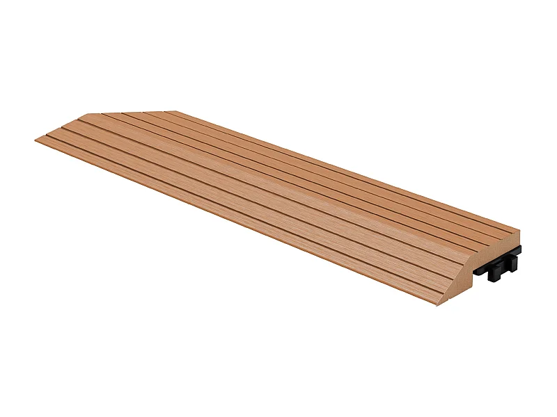 Bordure de finition coin gauche 38x2x7,5cm Brun clair Plinthe d'angle striée aspect de bois drainage et structure de support système d'encliquetage