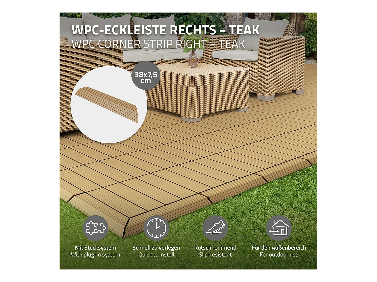 Bordure de finition coin droit 38x2x7,5cm teck Plinthe d'angle striée aspect de bois avec drainage et structure de support système d'encliquetage