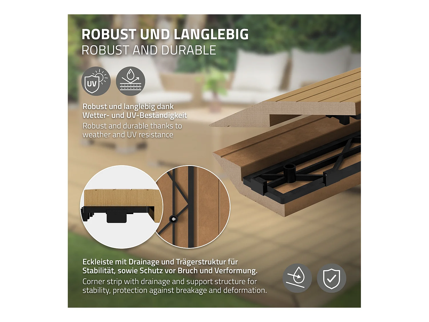 Bordure de finition coin droit 38x2x7,5cm teck Plinthe d'angle striée aspect de bois avec drainage et structure de support système d'encliquetage