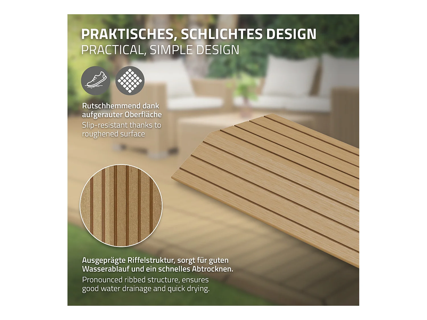 Bordure de finition coin droit 38x2x7,5cm teck Plinthe d'angle striée aspect de bois avec drainage et structure de support système d'encliquetage