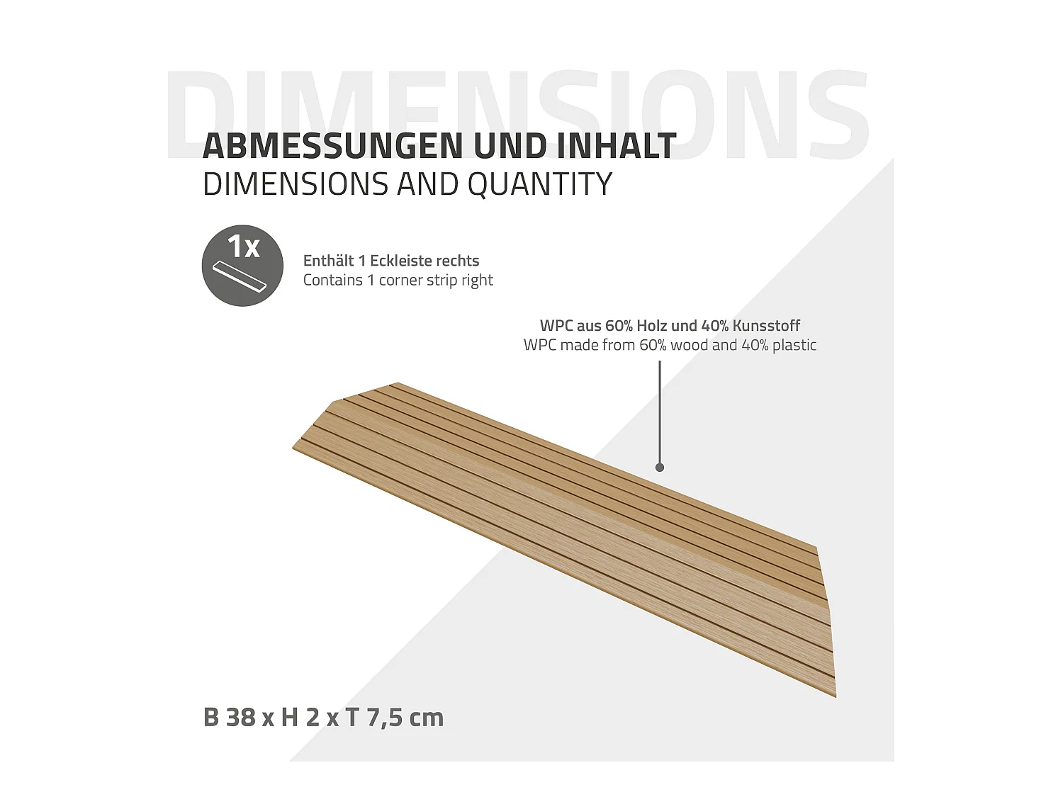 Bordure de finition coin droit 38x2x7,5cm teck Plinthe d'angle striée aspect de bois avec drainage et structure de support système d'encliquetage