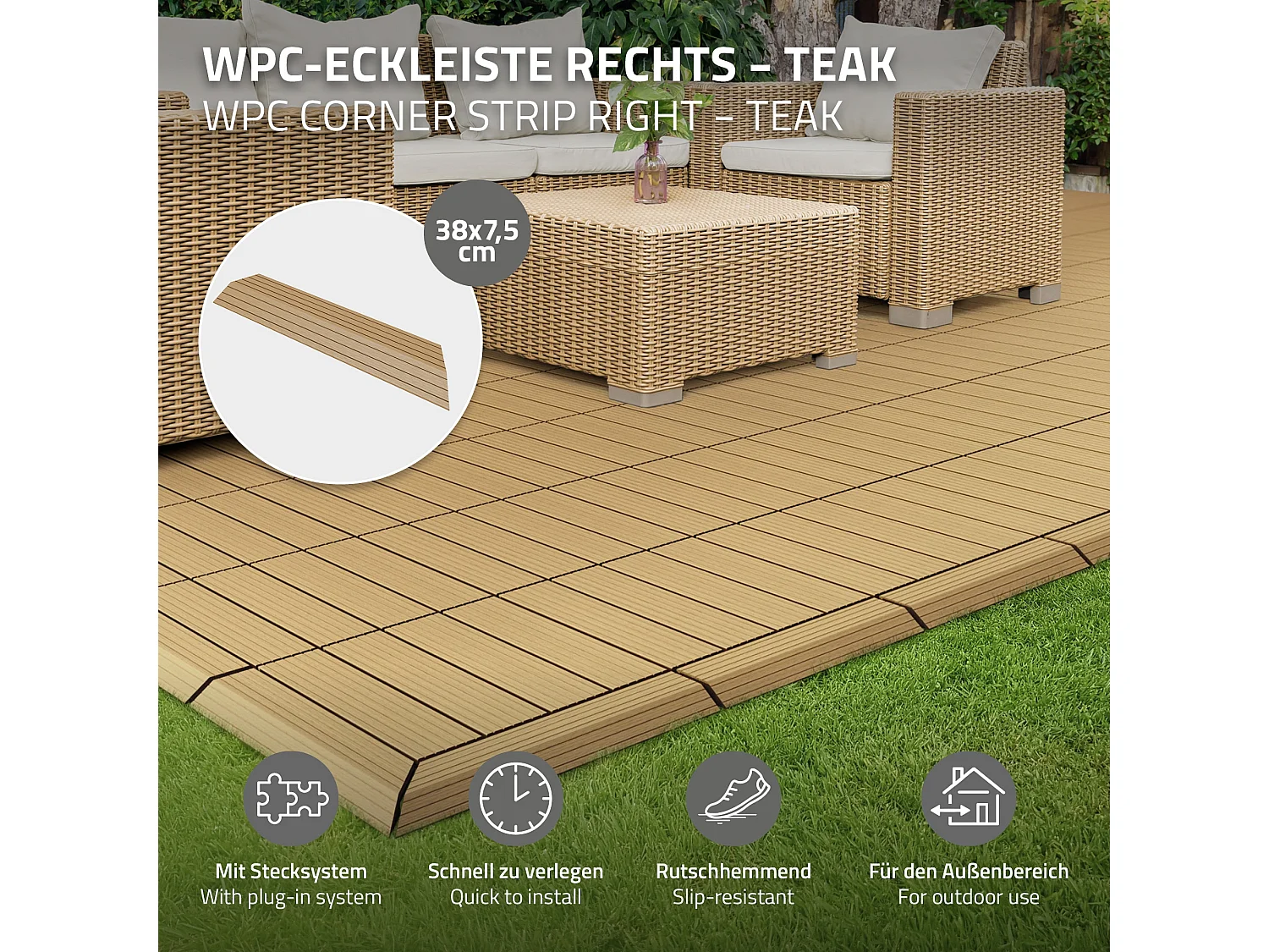 Bordure de finition coin droit 38x2x7,5cm teck Plinthe d'angle striée aspect de bois avec drainage et structure de support système d'encliquetage