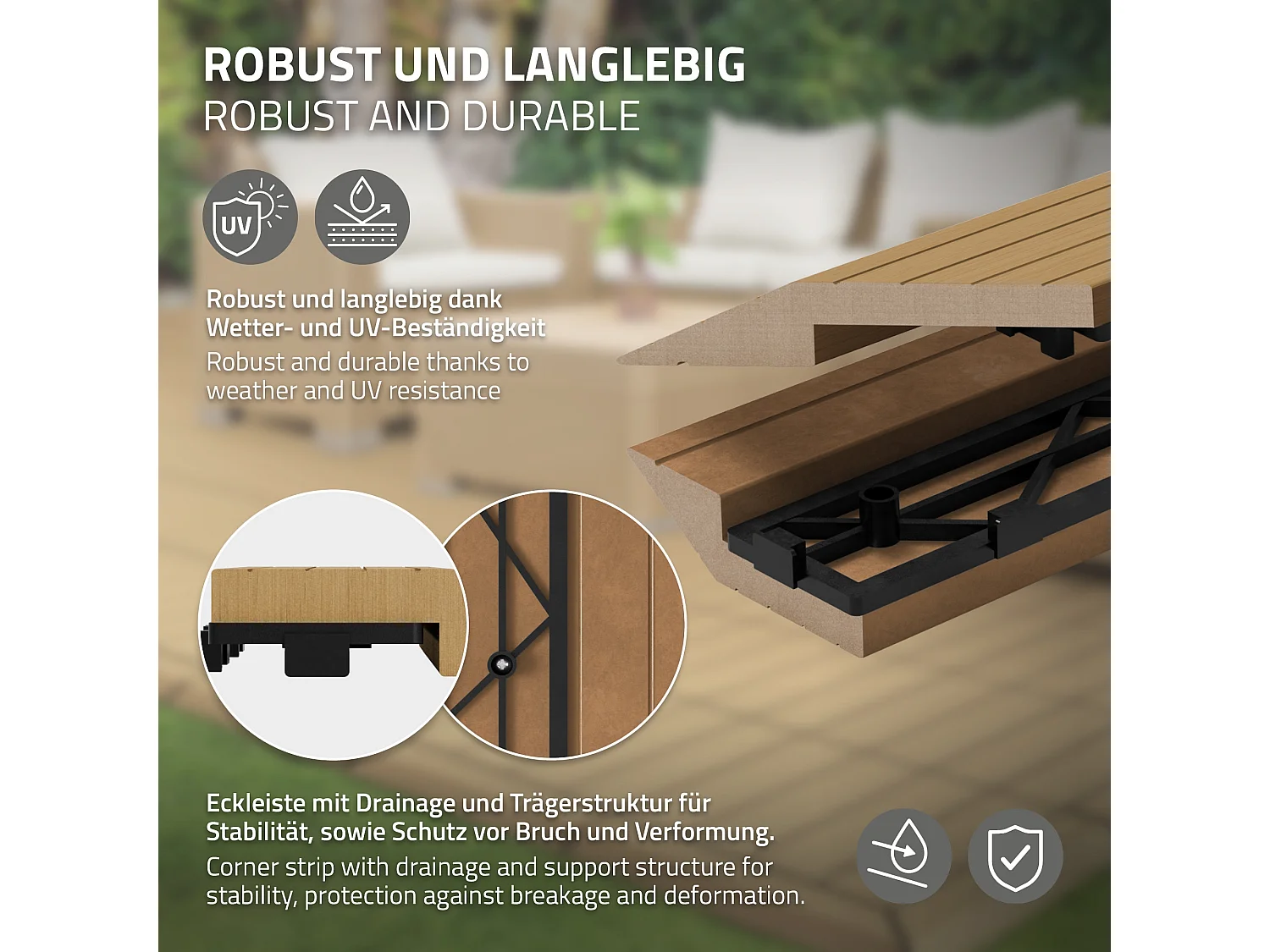 Bordure de finition coin droit 38x2x7,5cm teck Plinthe d'angle striée aspect de bois avec drainage et structure de support système d'encliquetage