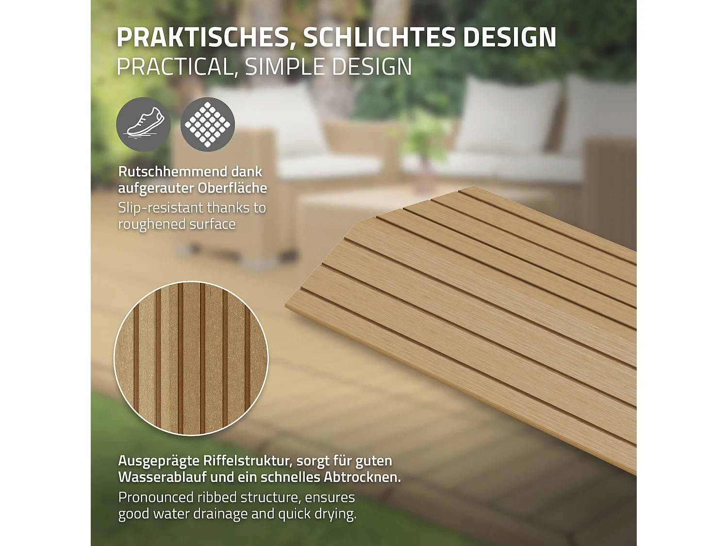 Bordure de finition coin droit 38x2x7,5cm teck Plinthe d'angle striée aspect de bois avec drainage et structure de support système d'encliquetage