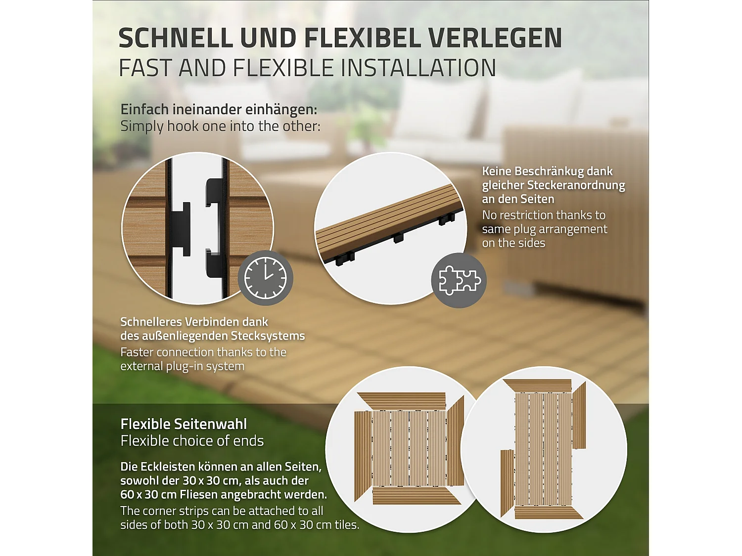 Bordure de finition coin droit 38x2x7,5cm teck Plinthe d'angle striée aspect de bois avec drainage et structure de support système d'encliquetage