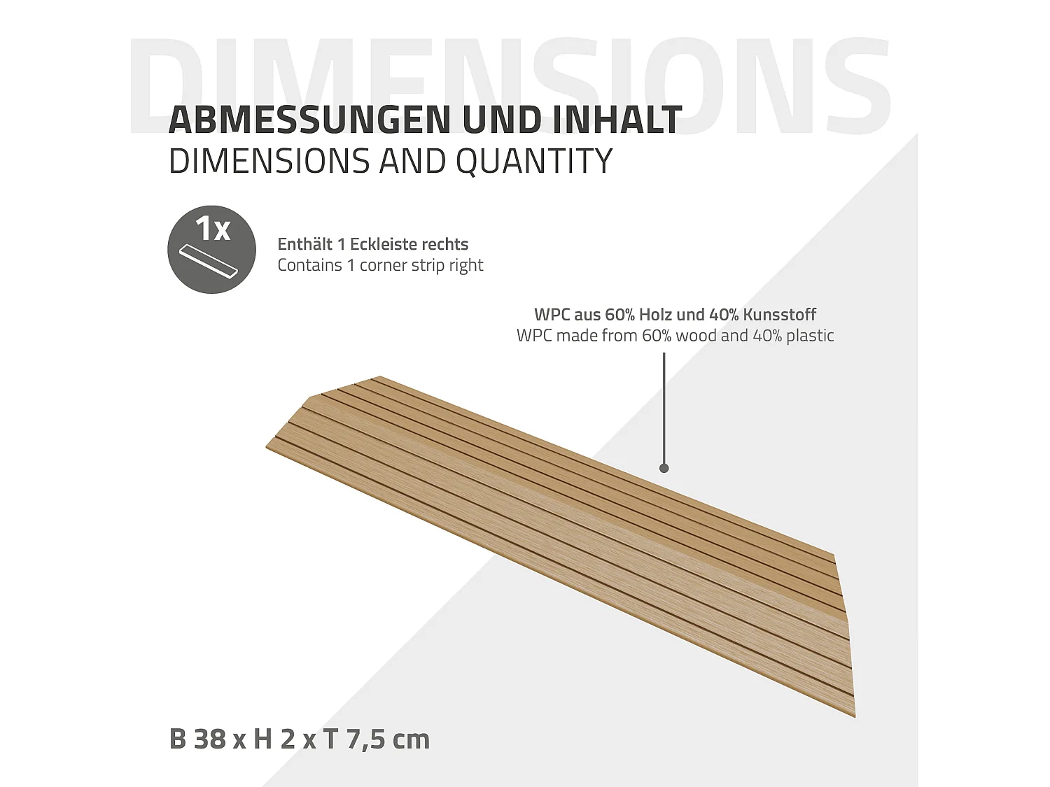 Bordure de finition coin droit 38x2x7,5cm teck Plinthe d'angle striée aspect de bois avec drainage et structure de support système d'encliquetage