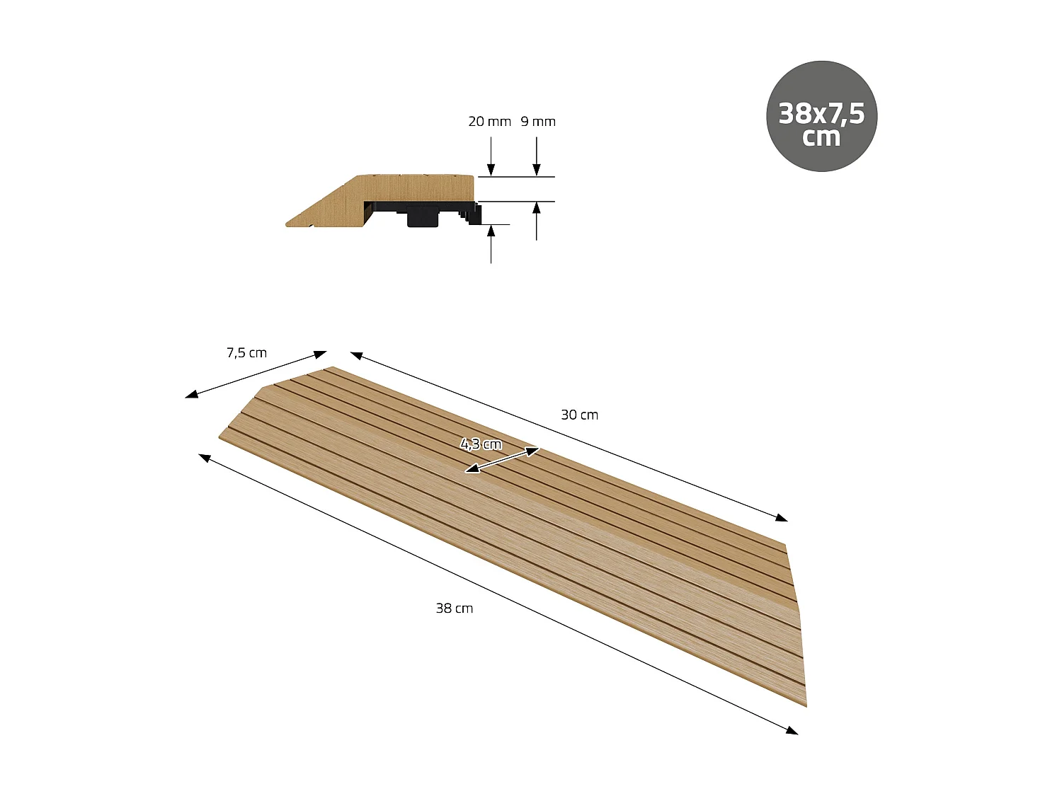 Bordure de finition coin droit 38x2x7,5cm teck Plinthe d'angle striée aspect de bois avec drainage et structure de support système d'encliquetage