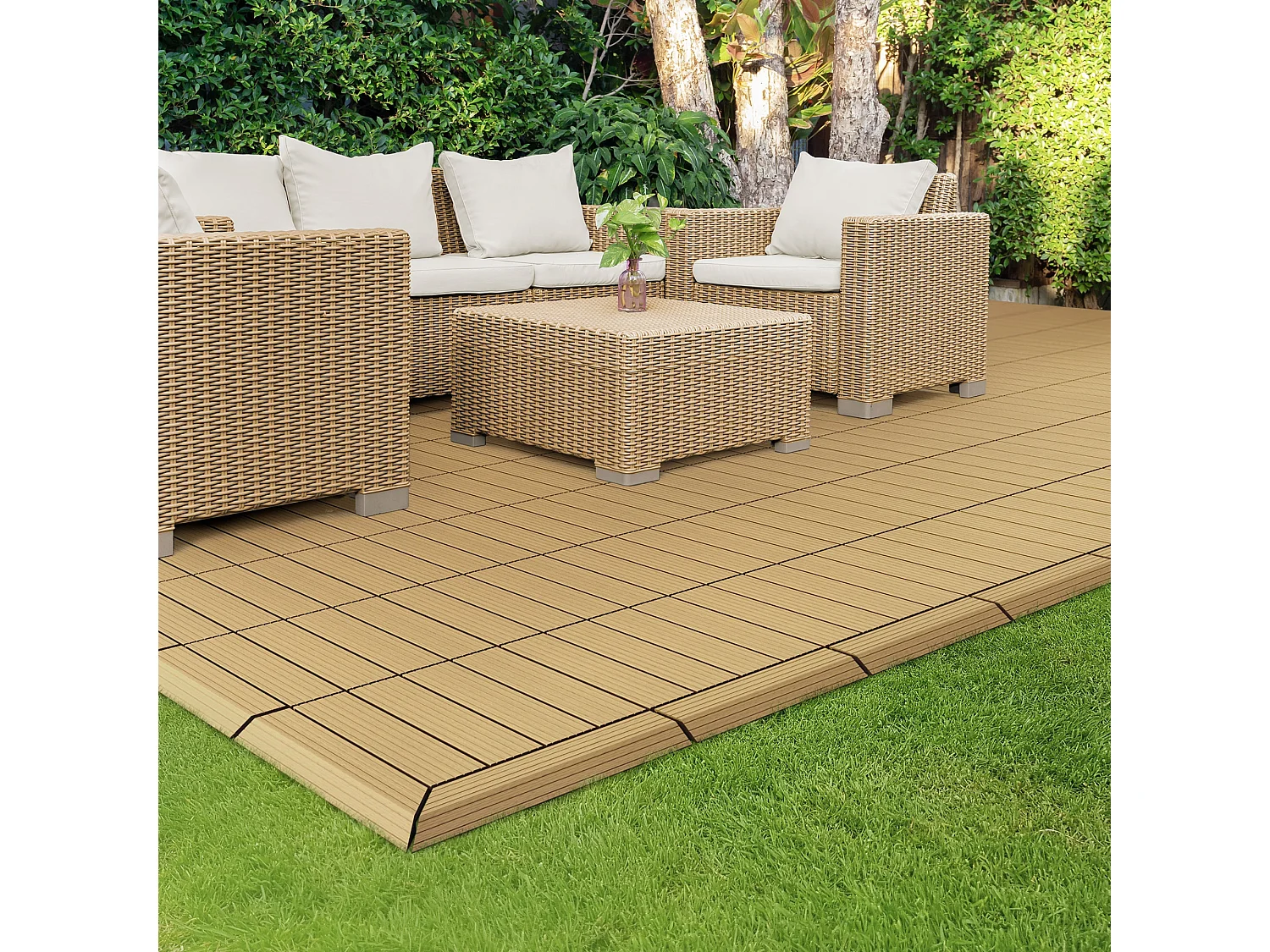 Bordure de finition coin droit 38x2x7,5cm teck Plinthe d'angle striée aspect de bois avec drainage et structure de support système d'encliquetage