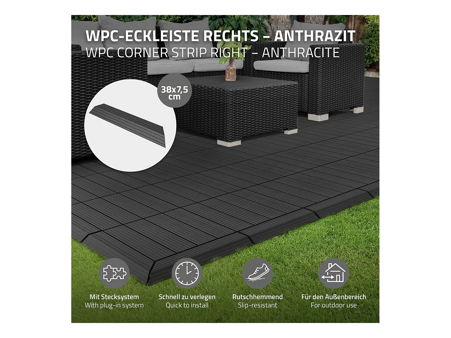 Bordure de finition coin droit 38x2x7,5cm anthracite Plinthe d'angle striée aspect de bois drainage et structure de support système d'encliquetage