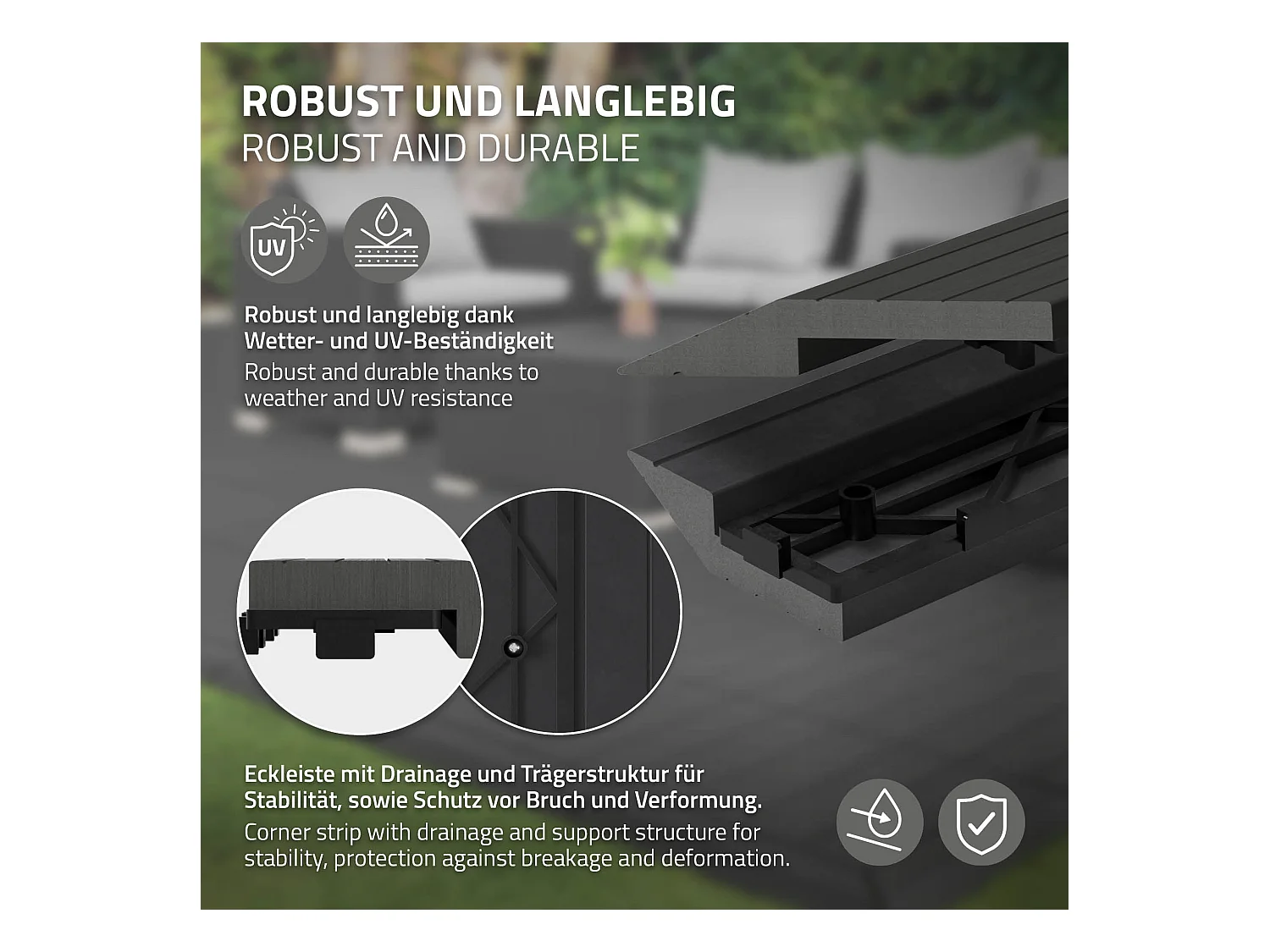 Bordure de finition coin droit 38x2x7,5cm anthracite Plinthe d'angle striée aspect de bois drainage et structure de support système d'encliquetage