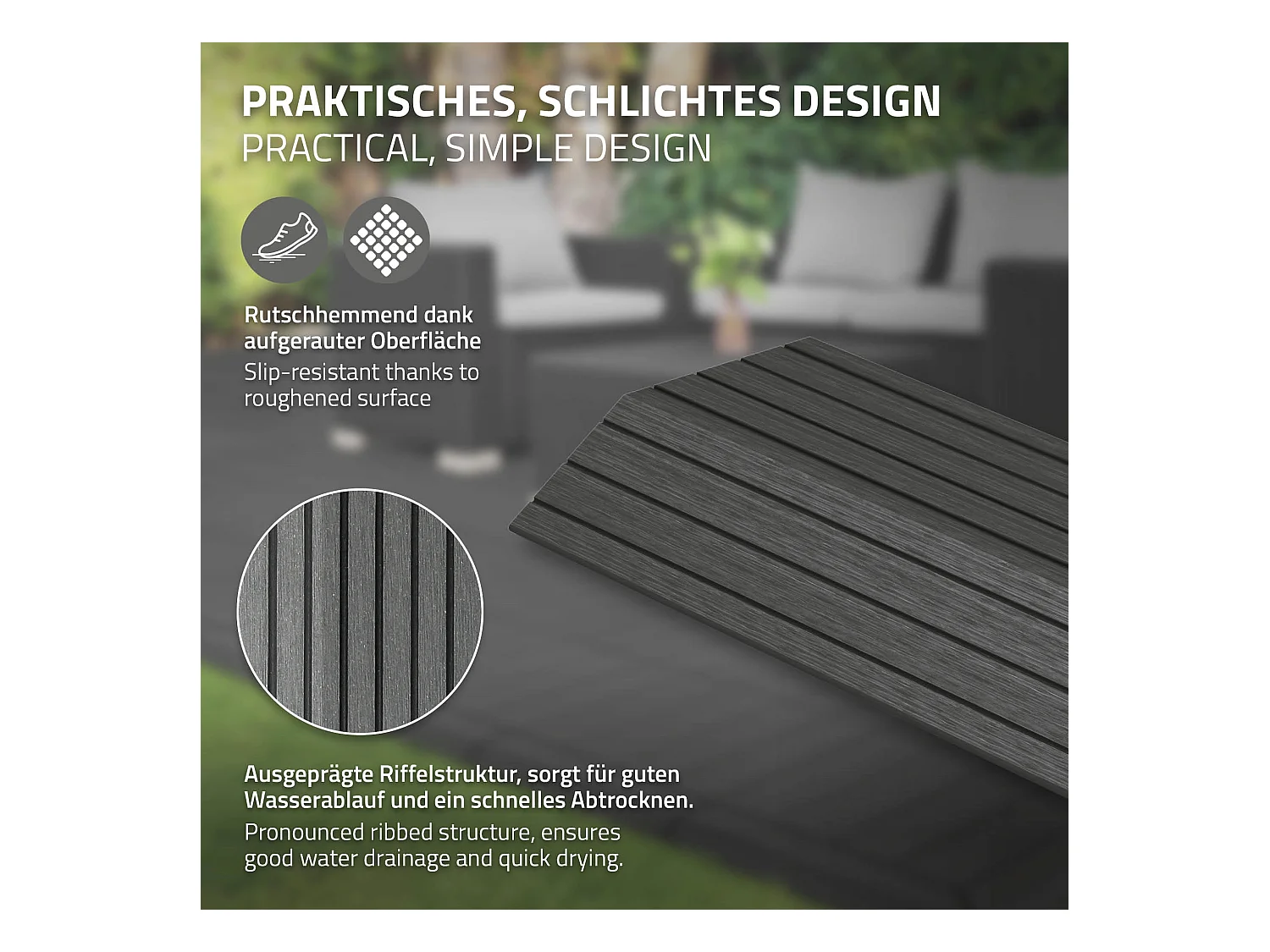 Bordure de finition coin droit 38x2x7,5cm anthracite Plinthe d'angle striée aspect de bois drainage et structure de support système d'encliquetage