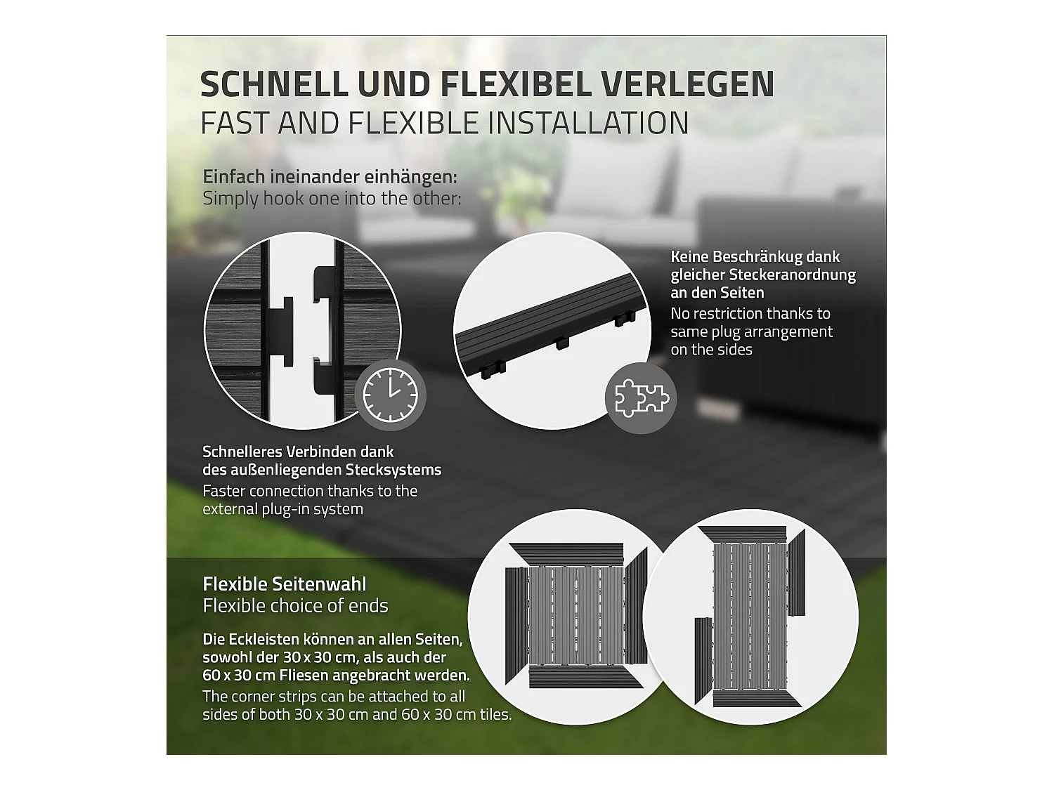 Bordure de finition coin droit 38x2x7,5cm anthracite Plinthe d'angle striée aspect de bois drainage et structure de support système d'encliquetage