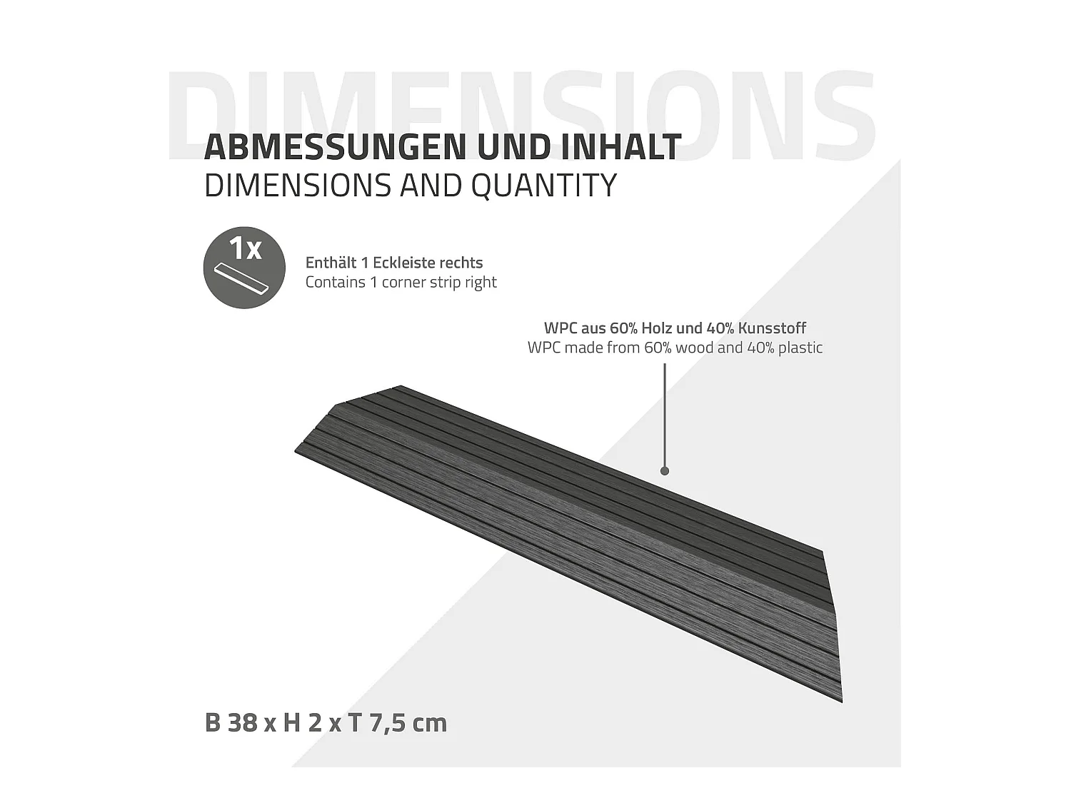 Bordure de finition coin droit 38x2x7,5cm anthracite Plinthe d'angle striée aspect de bois drainage et structure de support système d'encliquetage