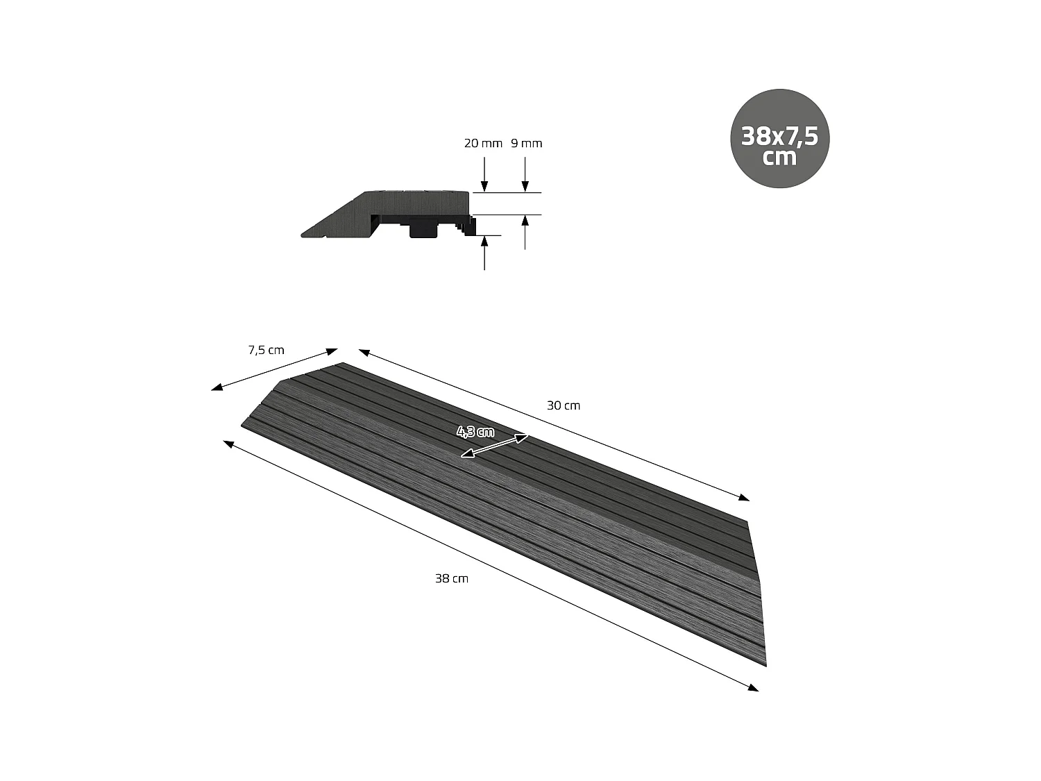 Bordure de finition coin droit 38x2x7,5cm anthracite Plinthe d'angle striée aspect de bois drainage et structure de support système d'encliquetage