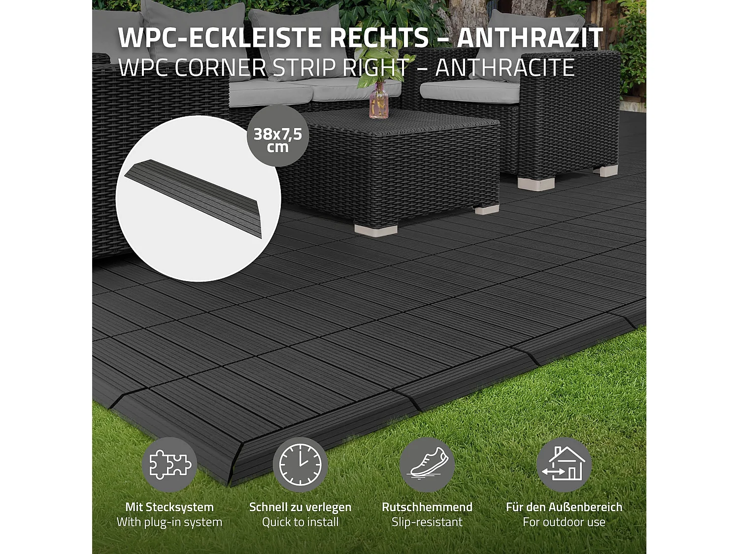 ML-Design Profilo Angolare Destro WPC Antracite 38x2x7,5 cm, effetto legno, antiscivolo, drenante, resistente UV per pavimenti esterni