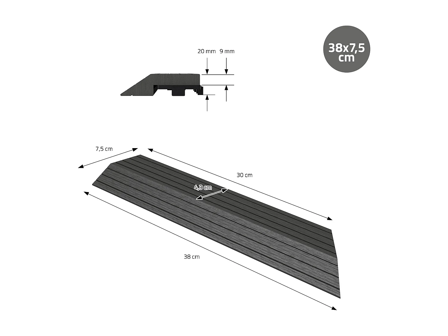 ML-Design Profilo Angolare Destro WPC Antracite 38x2x7,5 cm, effetto legno, antiscivolo, drenante, resistente UV per pavimenti esterni