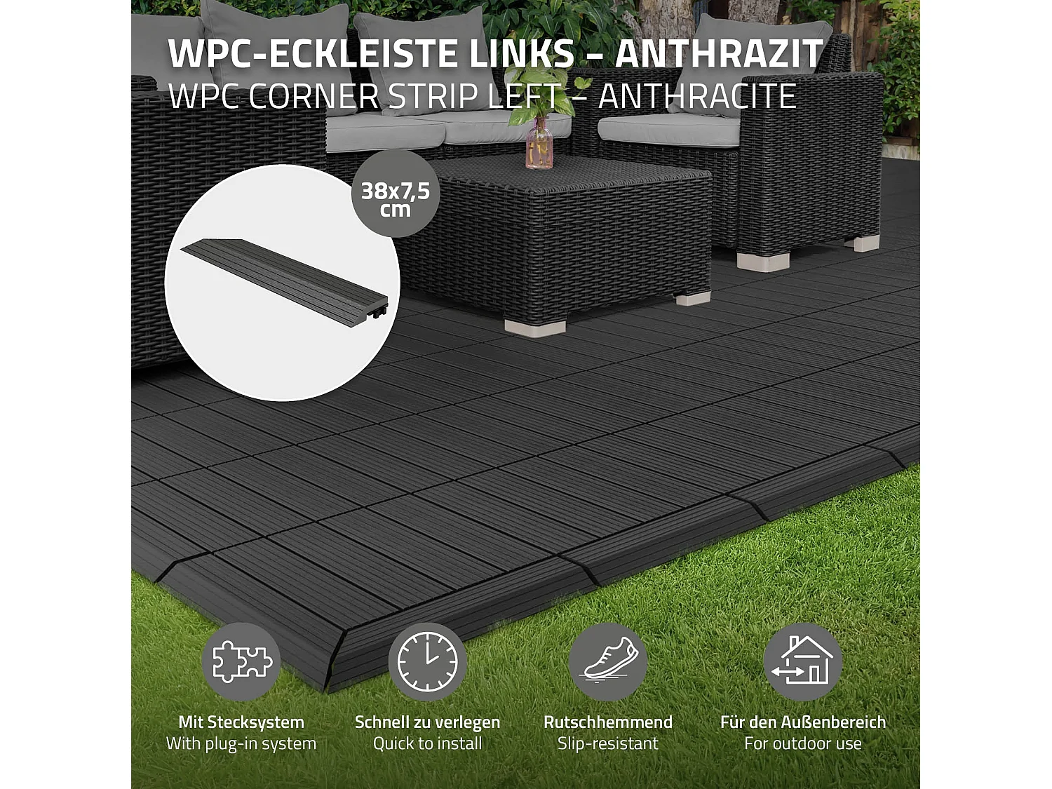 Bordure de finition coin gauche 38x2x7,5cm anthracite Plinthe d'angle striée aspect de bois drainage et structure de support système d'encliquetage