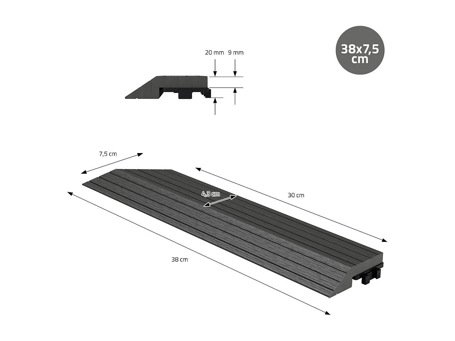 Bordure de finition coin gauche 38x2x7,5cm anthracite Plinthe d'angle striée aspect de bois drainage et structure de support système d'encliquetage
